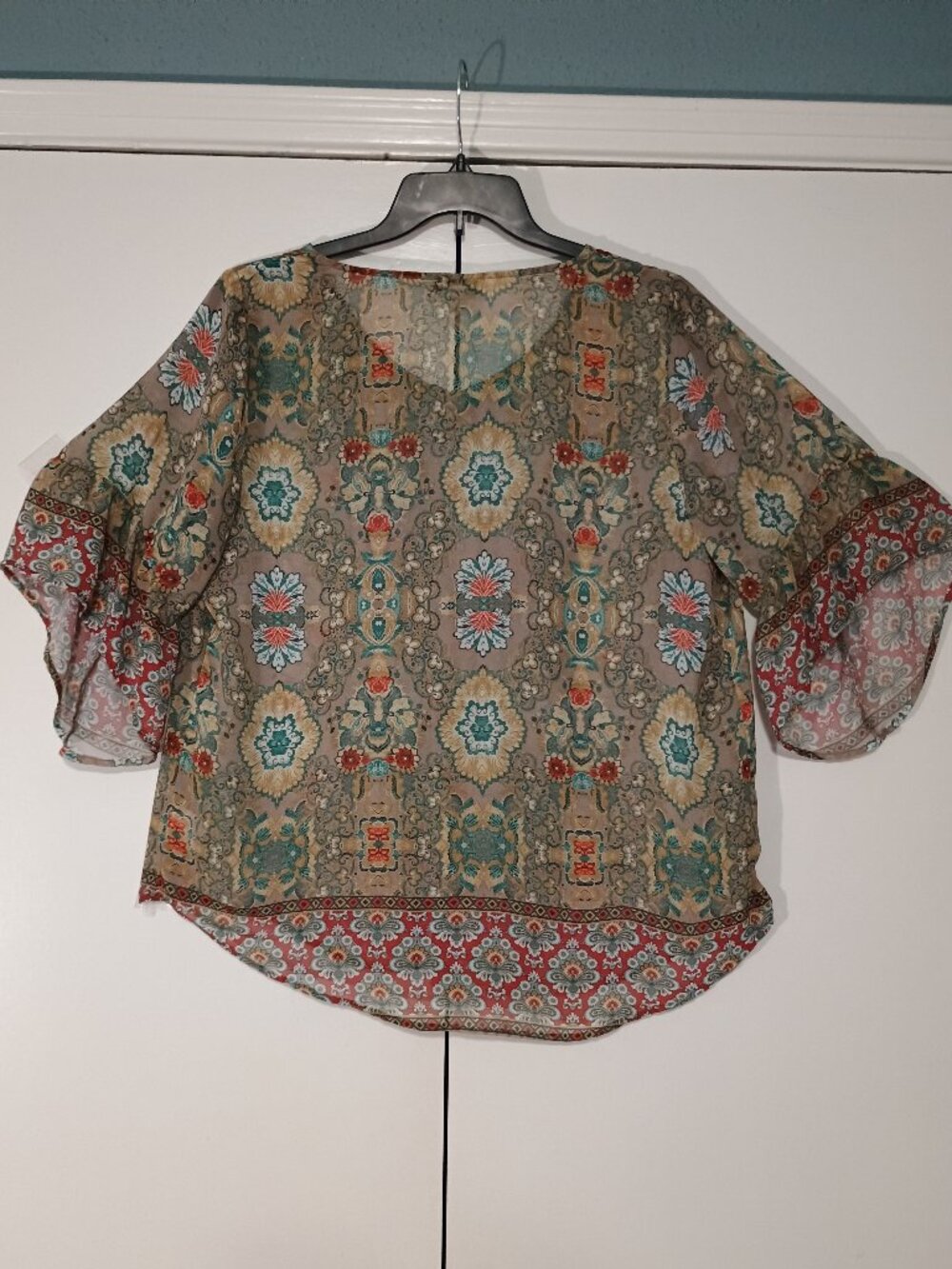 Unity World Wear XL Boho Floral Bell Sleeve High Low Blouse Top - Picture 3 of 8